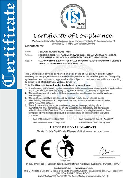 CE Certificate of Bhoomi Mould Industries - Top Plastic Injection & Blow Moulds Supplier in Ahmedabad, Gujarat, India