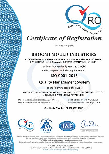 ISO 9001 : 2015 Certificate of Bhoomi Mould Industries - Plastic Blow & Injection Moulding Mold Manufacturer & Supplier in Ahmedabad, Gujarat, India